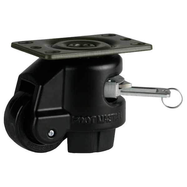 Leveling Caster, Ratchet, 50 mm Nylon Wheel, 2-1/2 x 3-1/4 Plate, Swivel, 250 kg Cap, NBR Pad, Black